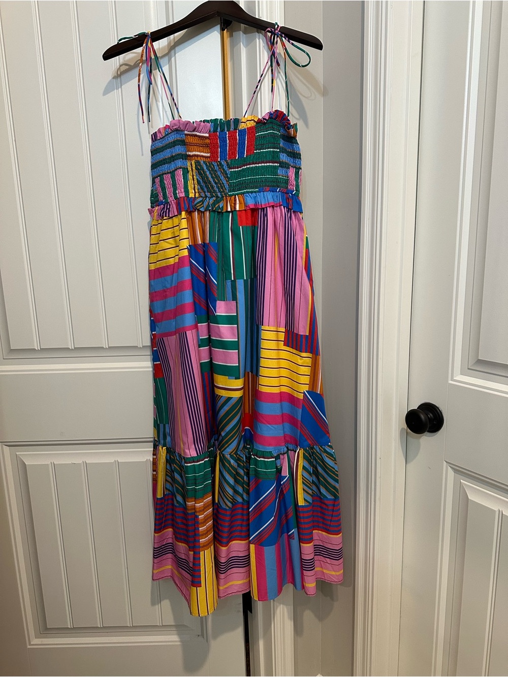 Colorful Patchwork Stripe Smocked Midi Dress | Pockets | NWOT | Size S - Picture 1 of 1